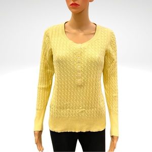 Eddie Bauer Scoop Neck Cable Knit Henley Sweater Pullover Womens Large Yellow